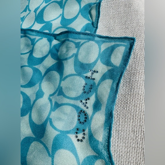 COACH Teal Blue Silky Signature C Scarf w/ Crystal ‘COACH’ Logo ~10”x52” - Picture 8 of 8